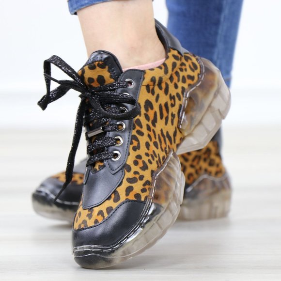 Animal Leopard Print Women's Fashion Chunky Heel Sneakers Shoes - Picture 14 of 15